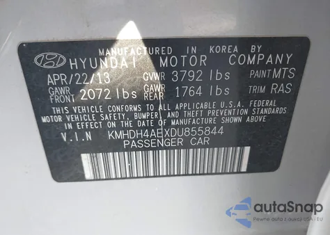2013 Hyundai Elantra Gls z USA, uszkodzony, nr VIN KMHDH4AEXDU855844